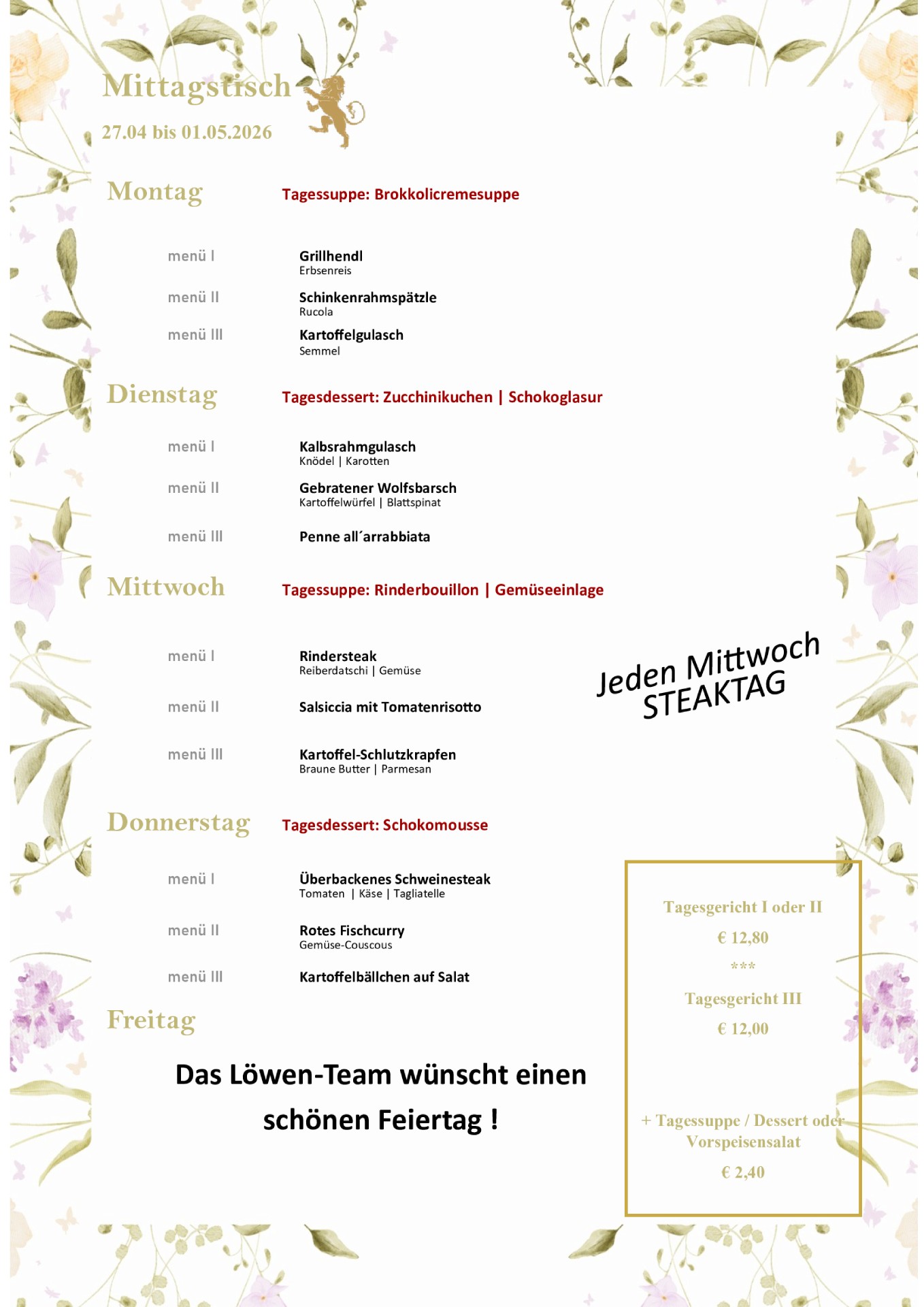 Aktuelle Wochenkarte im Goldenen Löwen Kufstein